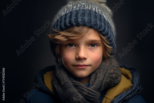Portrait of a cute little boy in warm winter clothes. Studio shot.