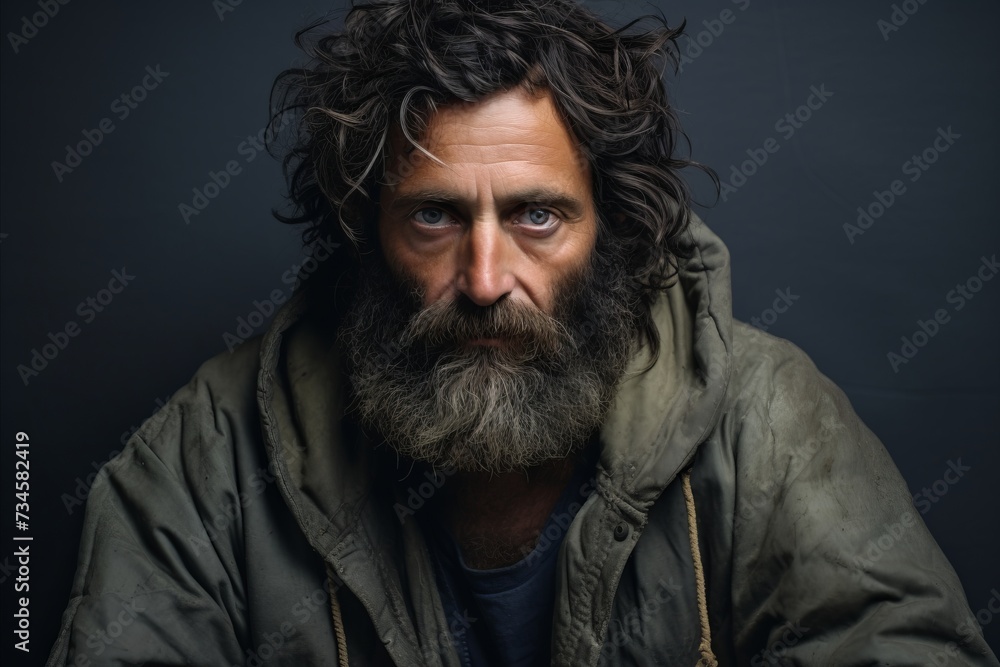 closeup portrait of a sad and depressed man with long black hair and a beard in a green jacket on a dark background