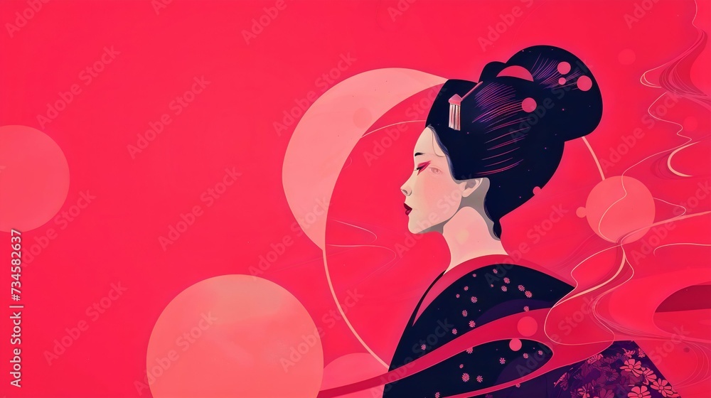 Fototapeta premium Silhouette of a Japanese woman against a pink background, showcasing minimalist design and Japanese aesthetics. 