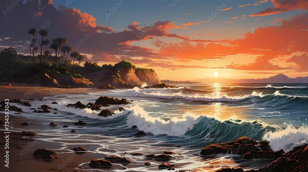 A serene beach scene with gentle waves crashing on the shore at sunset