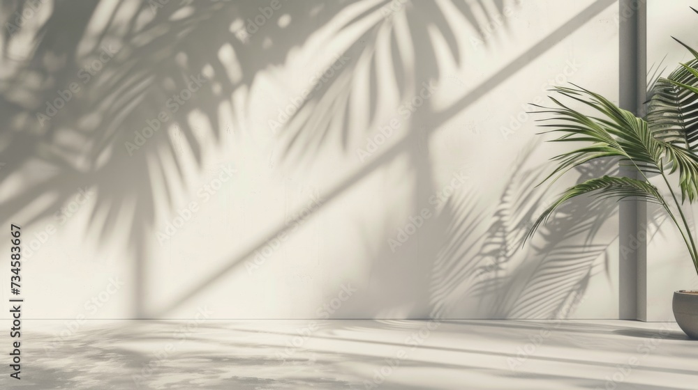 The shadows of tropical palm leaves cast on a clean white wall and floor, creating a serene, natural ambiance. The shadows of tropical palm leaves cast on a clean white wall and floor, creating a serene, natural ambiance.