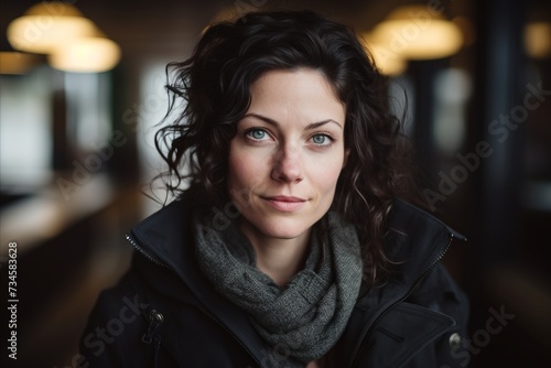 Portrait of a beautiful woman in a black jacket and scarf.