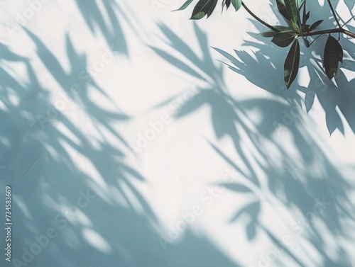The shadows of tropical palm leaves cast on a clean white wall and floor  creating a serene  natural ambiance.