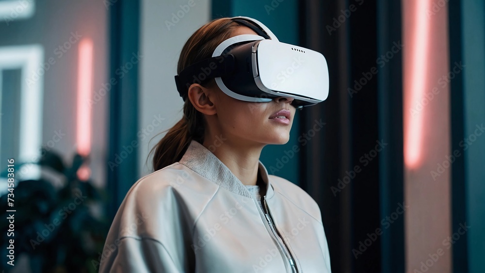 Woman testing VR glasses or goggles, headset, enjoys virtual reality. Teenage girl in virtual reality, cyberspace using VR headset surprised at possibilities that new technologies and gadgets open up. Woman testing VR glasses or goggles, headset, enjoys virtual reality. Teenage girl in virtual reality, cyberspace using VR headset surprised at possibilities that new technologies and gadgets open up.