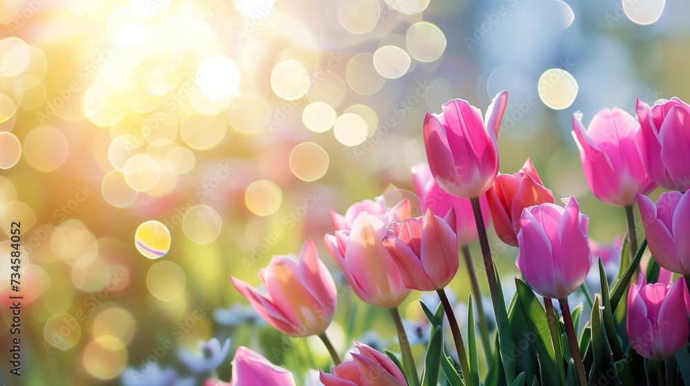 Radiant pink tulips basking in the ethereal morning light, with bokeh highlights Radiant pink tulips basking in the ethereal morning light, with bokeh highlights