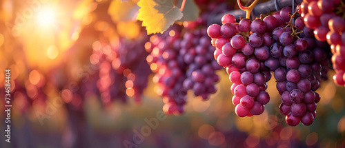 Close-up of purple grapes on a tree in golden sunlight with sparkling bokeh, space for copy.