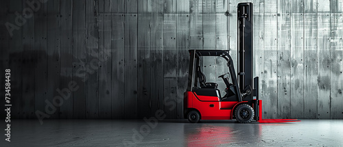 Red forklift against gray wall background with space for copy.