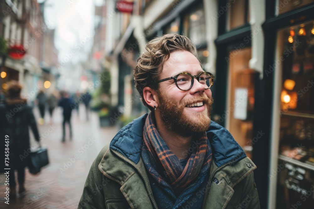 Portrait of a handsome young man with beard and glasses in the city - obrazy, fototapety, plakaty 