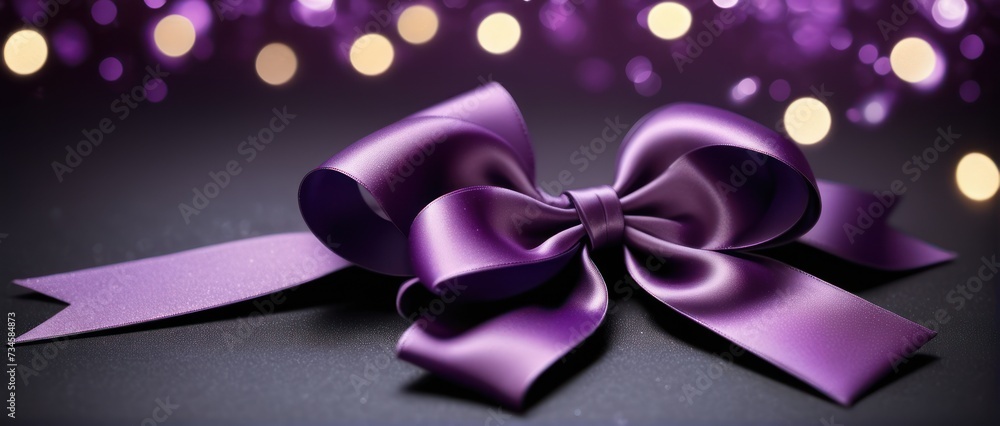 Dark purple satin ribbon bow on sparkling background. Dark purple satin ribbon bow on sparkling background.
