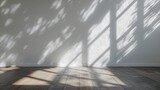Empty room, Morning light creates shadows on a textured white concrete wall and floor.
