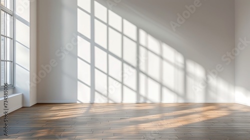 Empty room  Morning light creates shadows on a textured white concrete wall and floor.