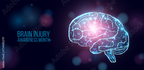 Brain injury awareness month concept with glowing low poly brain. Wireframe low poly style. Abstract modern 3d vector illustration on dark blue background.