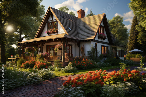 3d rendering of modern cozy house in chalet style.
