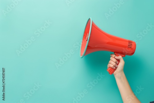 hand, clad in a denim jacket, holds a shiny red megaphone against a vibrant turquoise background