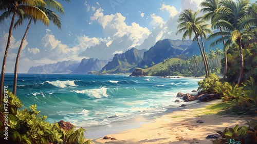 Oil painting of Hawaii with palm trees and sea