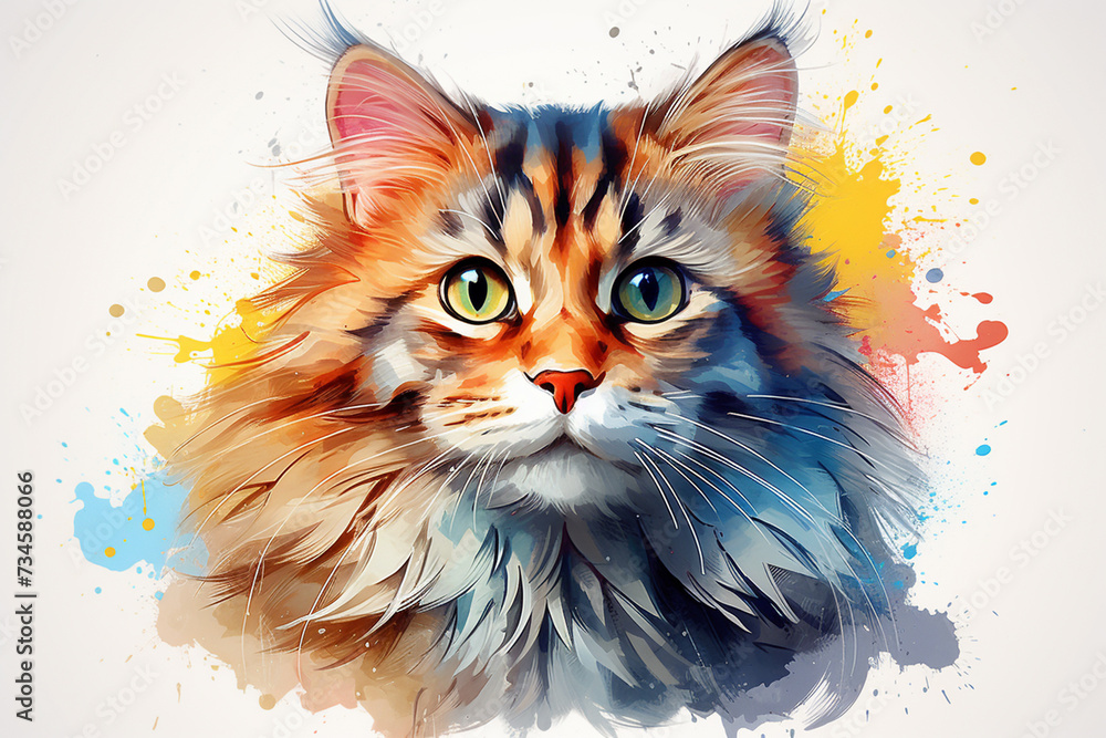 Three kittens with colorful splashes on white background. Digital painting. - obrazy, fototapety, plakaty 