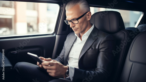 Successful Businessman in Stylish Suit Using Smartphone in Luxury Car. Urban Professional Lifestyle Concept © AspctStyle