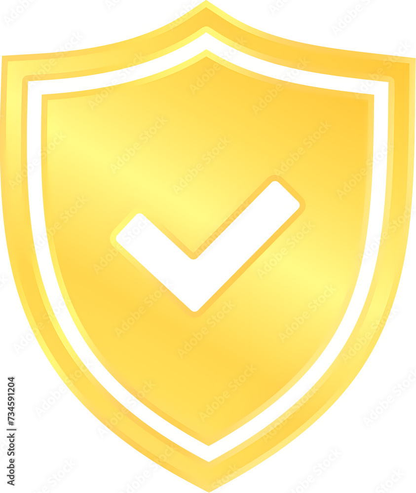 Flat gold shield with check ok mark symbol for approval security protection concept design vector Flat gold shield with check ok mark symbol for approval security protection concept design vector