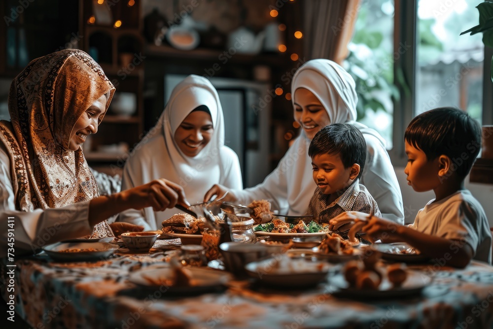 Tradition and Cuisine: Muslim Family Dinners, Togetherness, and Joyful Hijabs, Joyful Muslim Family Enjoying a Traditional Home-Cooked Meal Together Tradition and Cuisine: Muslim Family Dinners, Togetherness, and Joyful Hijabs, Joyful Muslim Family Enjoying a Traditional Home-Cooked Meal Together