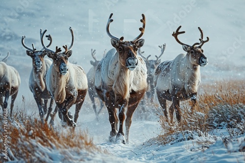 Reindeer Herd Trotting Through Snowy Landscape © Rudsaphon