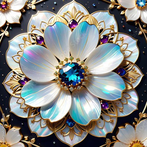 Create 4K+ AI art prompt: Craft an intricate cosmos flower with mother-of-pearl, gems, and gold, emphasizing beauty, symmetry, and elegance.(Generative AI) © chulyoung