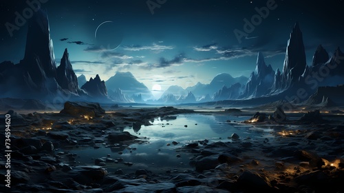 A serene obsidian black lake nestled amidst a barren desert landscape, with the night sky filled with an astonishing display of shooting stars