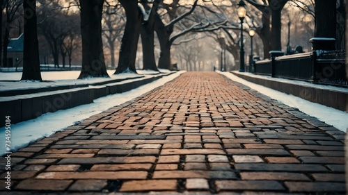 Bricks walkway through a park at winter from Generative AI