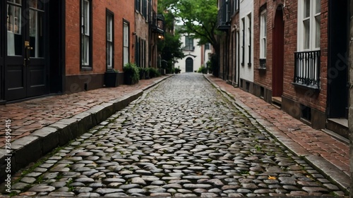 Cobblestone walkway through an old historic neighborhood from Generative AI