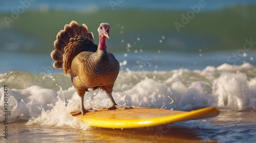 Fototapeta Naklejka Na Ścianę i Meble -  A cute turkey surfer enjoys a fun-filled summer day at the beach, riding waves with enthusiasm, Ai Generated.