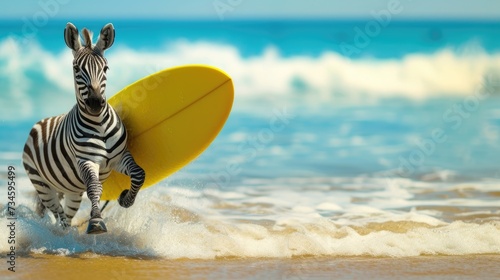 A cute zebra surfer enjoys a fun-filled summer day at the beach, riding waves with enthusiasm, Ai Generated.