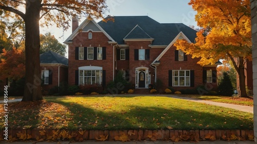 Georgeous brick house with colorful autumn leaves on a bright fall day at morning with sunlight rays from Generative AI
