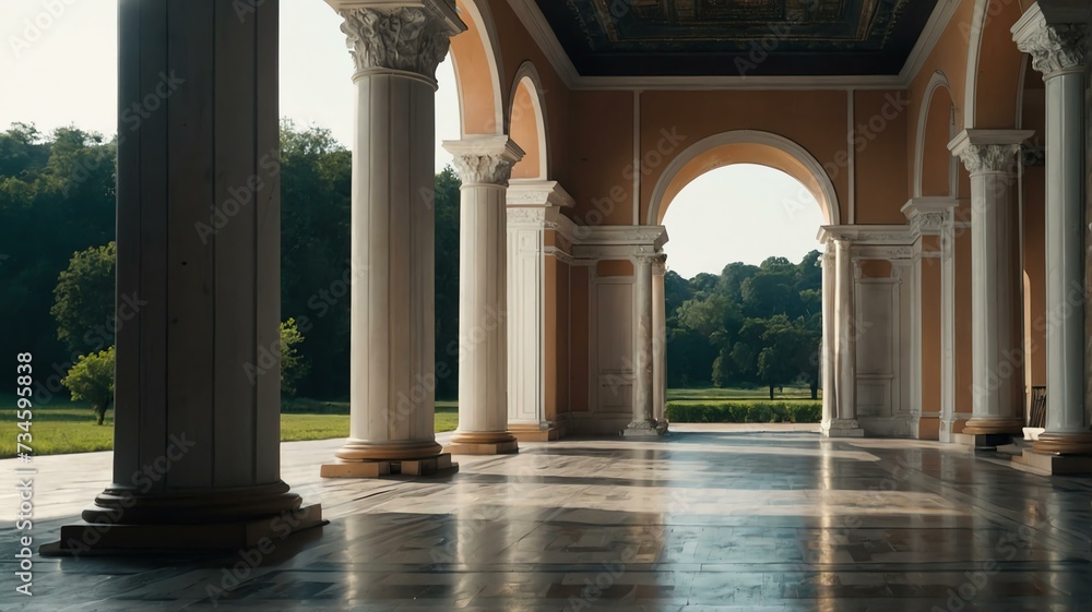 Interior of a palace with white columns and arches from Generative AI