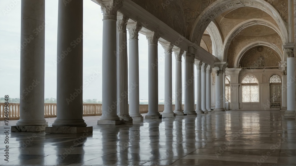 Interior of a palace with white columns and arches from Generative AI