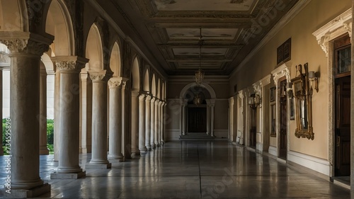 Long corridor of southern mansion with arches and columns from Generative AI