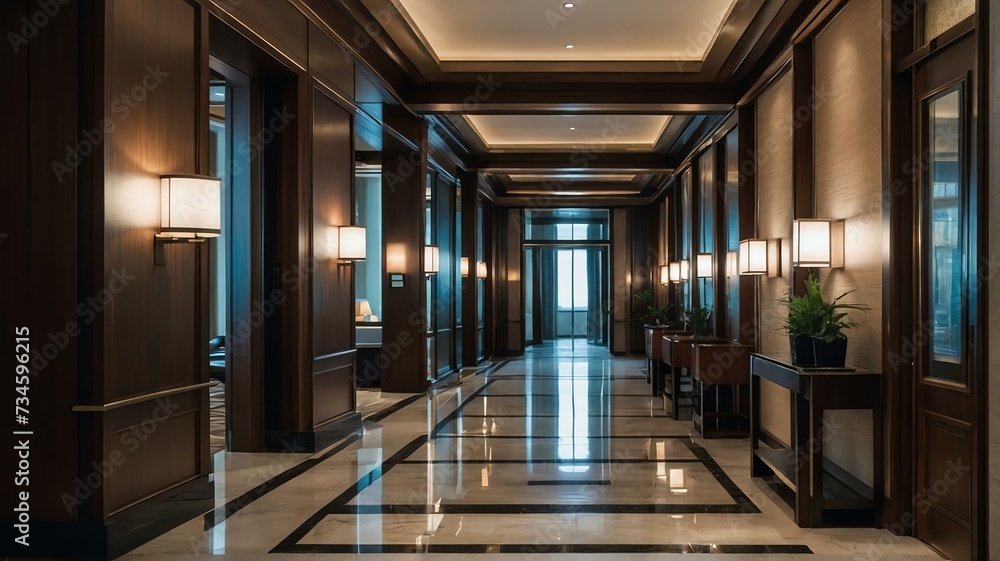 Long corridor with door rooms in a luxury hotel from Generative AI