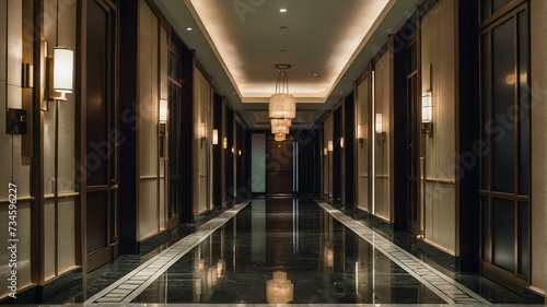 Long corridor with door rooms in a luxury hotel from Generative AI © sevenSkies