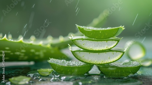 Slices of aloe vera placed on a lush green background, showcasing the plant's natural freshness and vitality, Ai Generated.