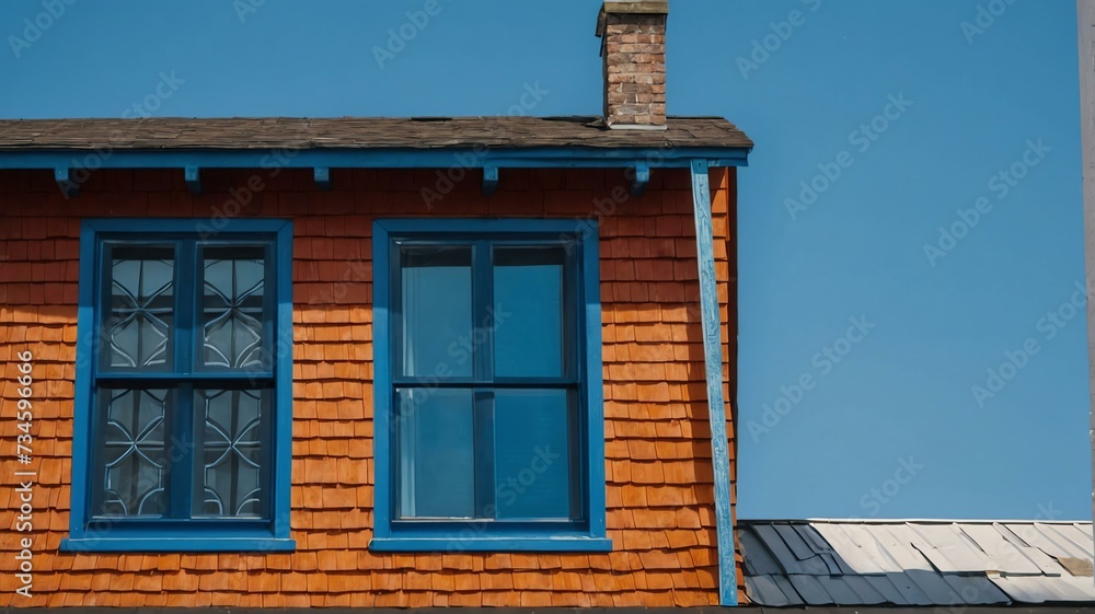 Three dormer windows on blue house, with bright blue sky in background from Generative AI