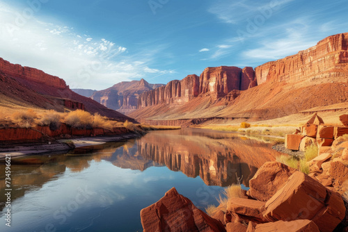 canyon with red rock formations and a river running through it