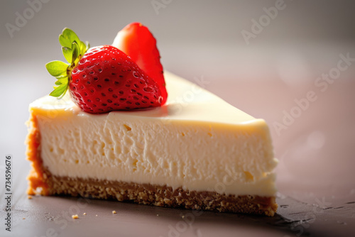 cheesecake with a cream color and a strawberry and a professional overlay on the slice