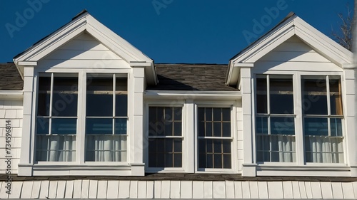 Three dormer windows on white house  with bright blue sky in background from Generative AI