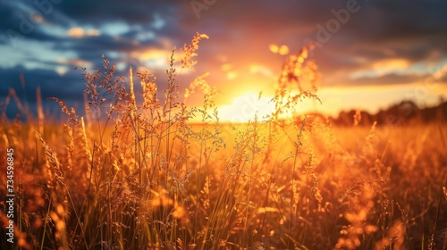 Sunset bathes a field of grass in golden hues, a tranquil nature tableau, Ai Generated.