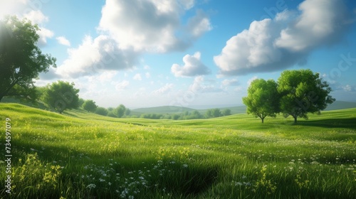 Expansive landscape with lush, grassy meadows. Serenity in nature's embrace, Ai Generated.
