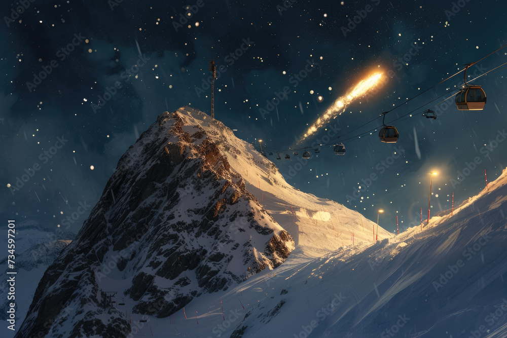 Naklejka premium comet passing over a mountain peak, with snow and a ski lift