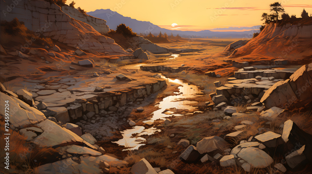 sunset in the mountains,,
Breathtaking Hyperrealistic Rock Painting In Vray Tracing Style
