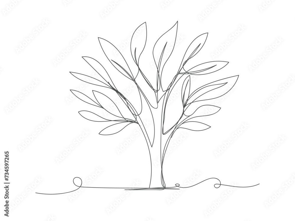 Obraz premium Continuous one line drawing of tree on white background.