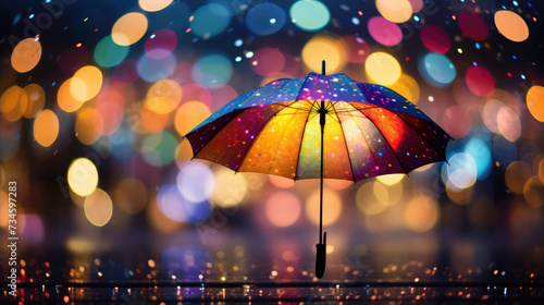 Vibrant umbrella amidst festive bokeh lights creates mesmerizing display. Ai Generated