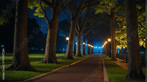 Well lit street or walkway through a park at night with tall trees from Generative AI
