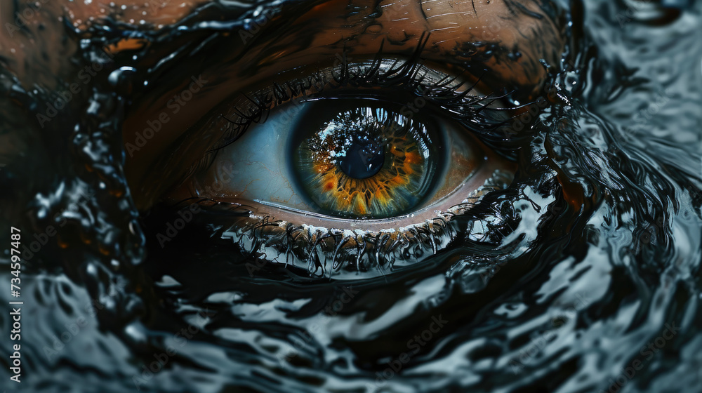 Mysterious eye peers from dark waters, captivating curiosity, Ai Generated.