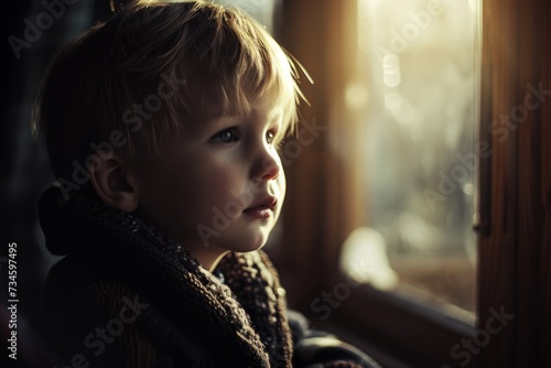 A portrait of a cute little boy looking out the window at sunset.